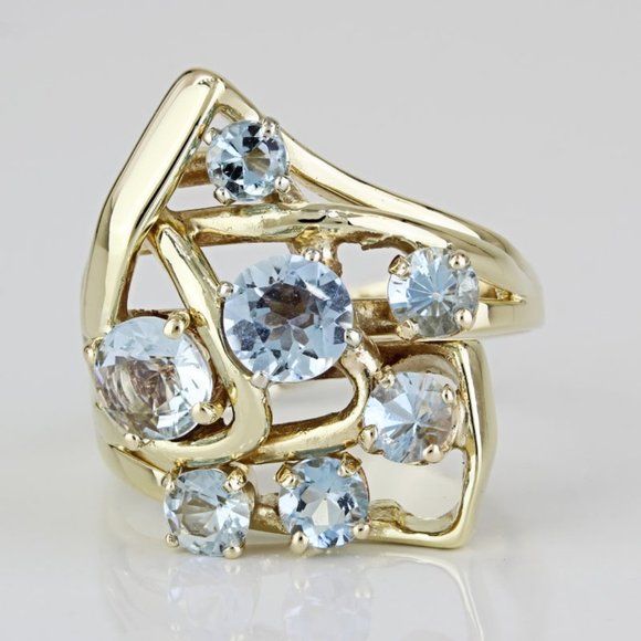 Vintage 14k Yellow Gold Aquamarine Gemstone Anniversary Cocktail Birthstone Ring - Picture 1 of 7